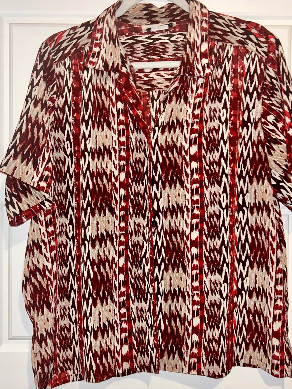 Vintage 90s Donnkenny Petite Abstract Blouse Short Sleeve Red Black ZigZag